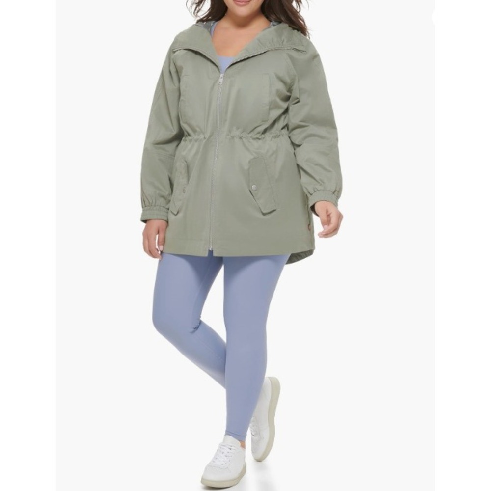 Levi's Womens Cinch Waist Hooded Parka Size‎ L Sea Green Utility Jacket EUC-LN